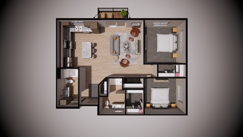 Floor plan for 2 beds, 2 baths, 1033 sqft